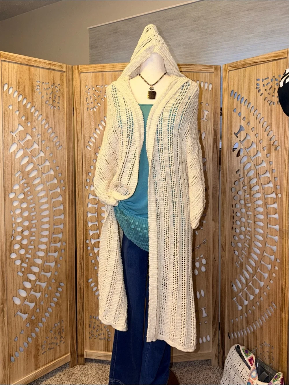 American Eagle Outfitters Cream Hooded Open-Knit Cardigan